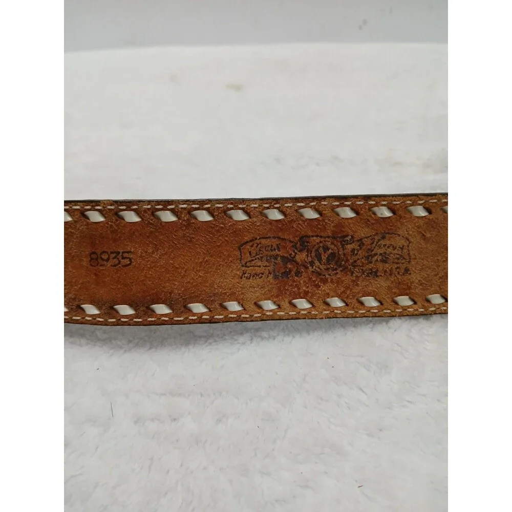 ​Hand-Tooled Leather Belt with Floral Design & White Stitching Custom 